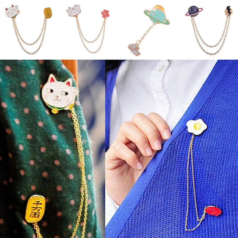 Cute Egg Cat Moon Rabbit Chain Brooch Badge Pin Jewelry Gift Women Girl Accessories S  Collar brooch SM6