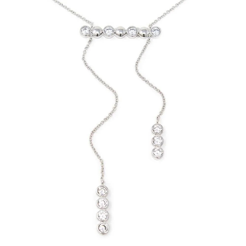 CZ Bar Drop Necklace Rhodium Plated