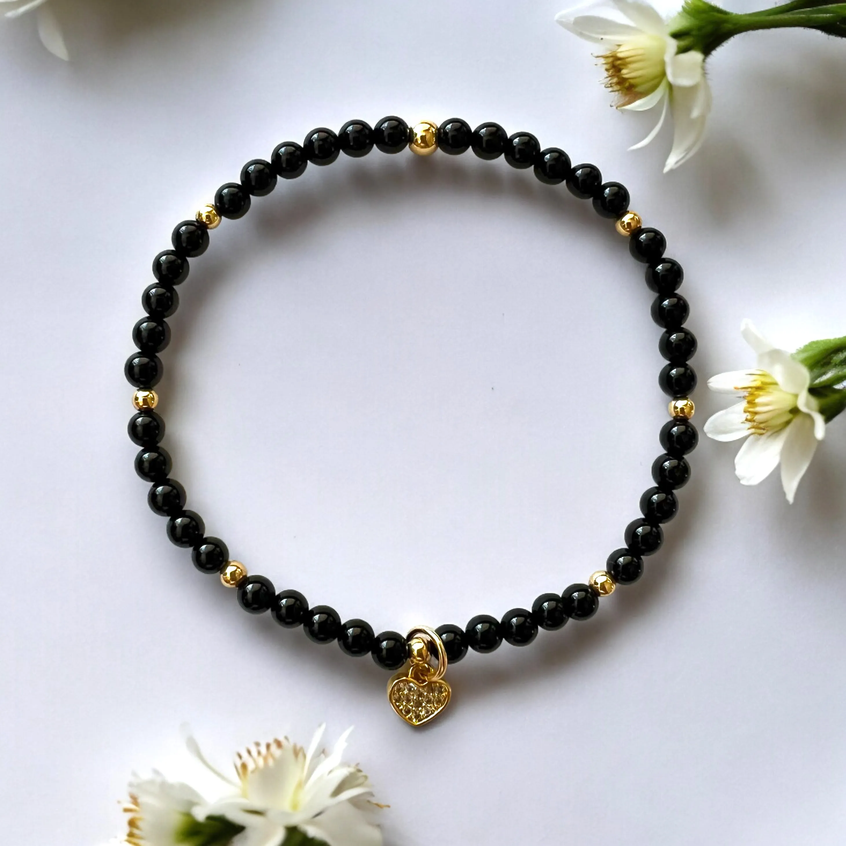 Dainty Heart 4mm Onyx Polished Stone Bracelet