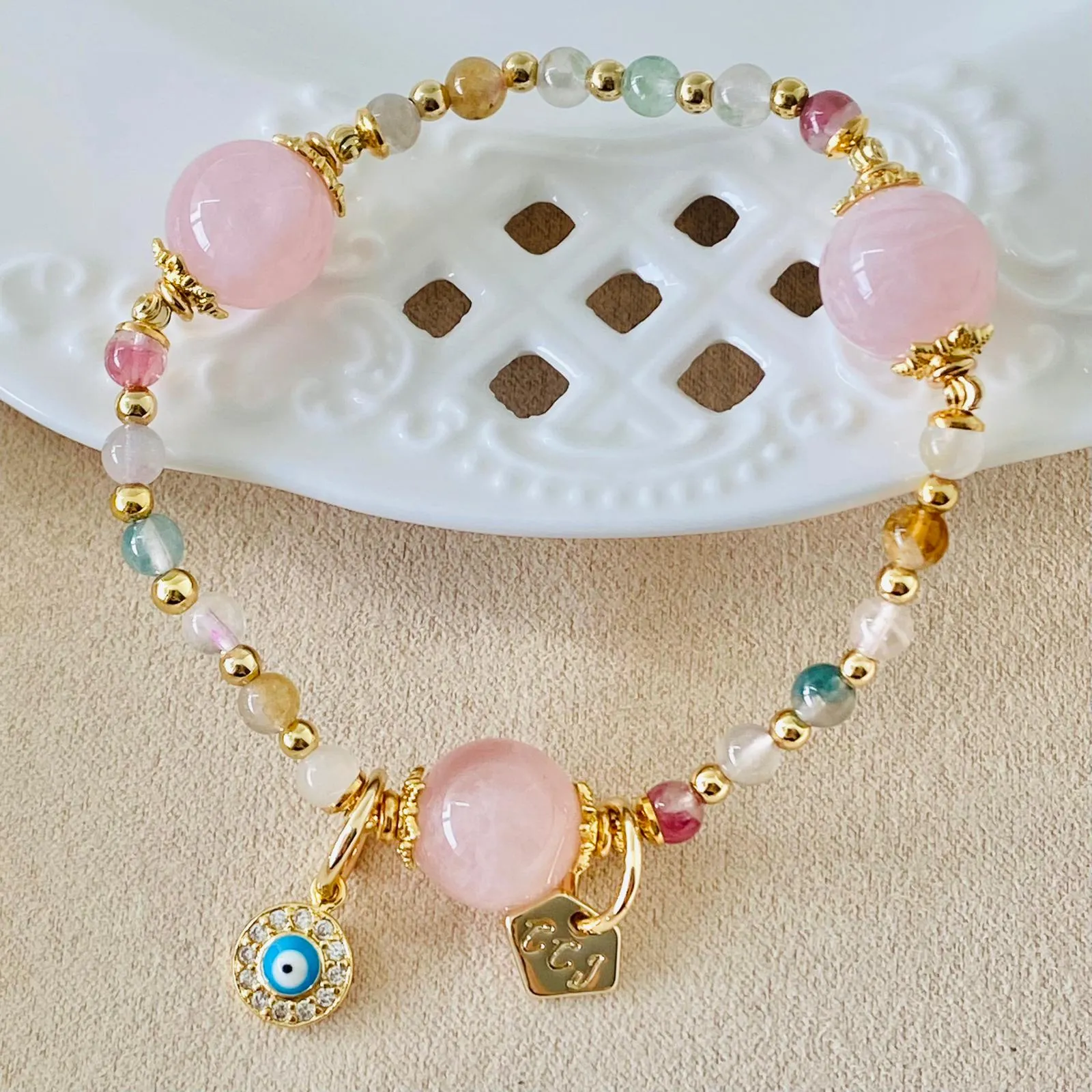 Delicate Rainbow Tourmaline & Madagascar Rose Quartz Bracelet