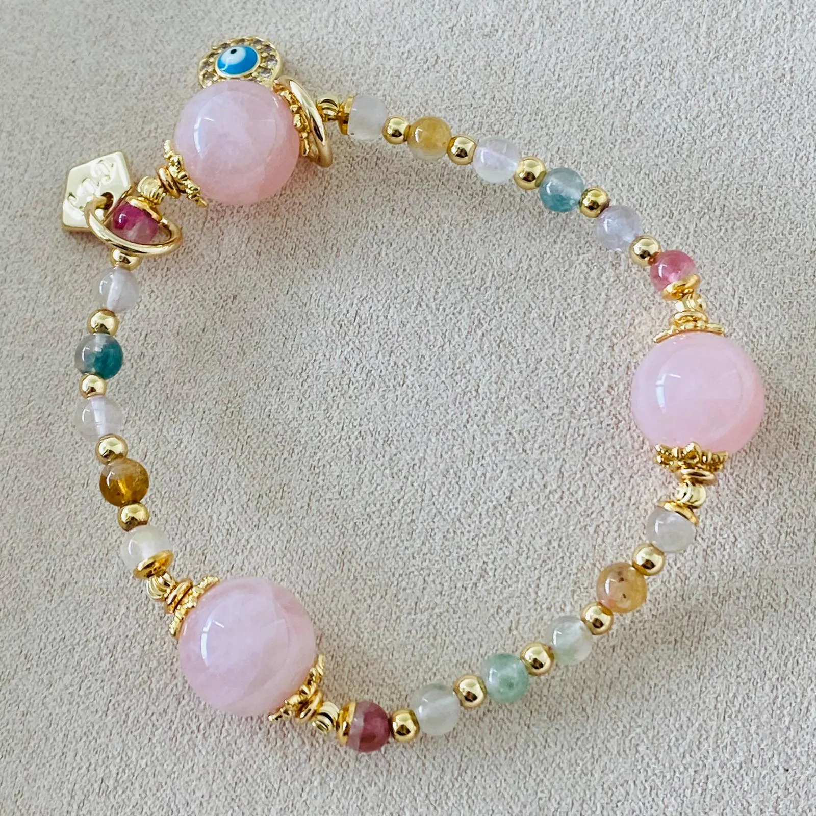 Delicate Rainbow Tourmaline & Madagascar Rose Quartz Bracelet