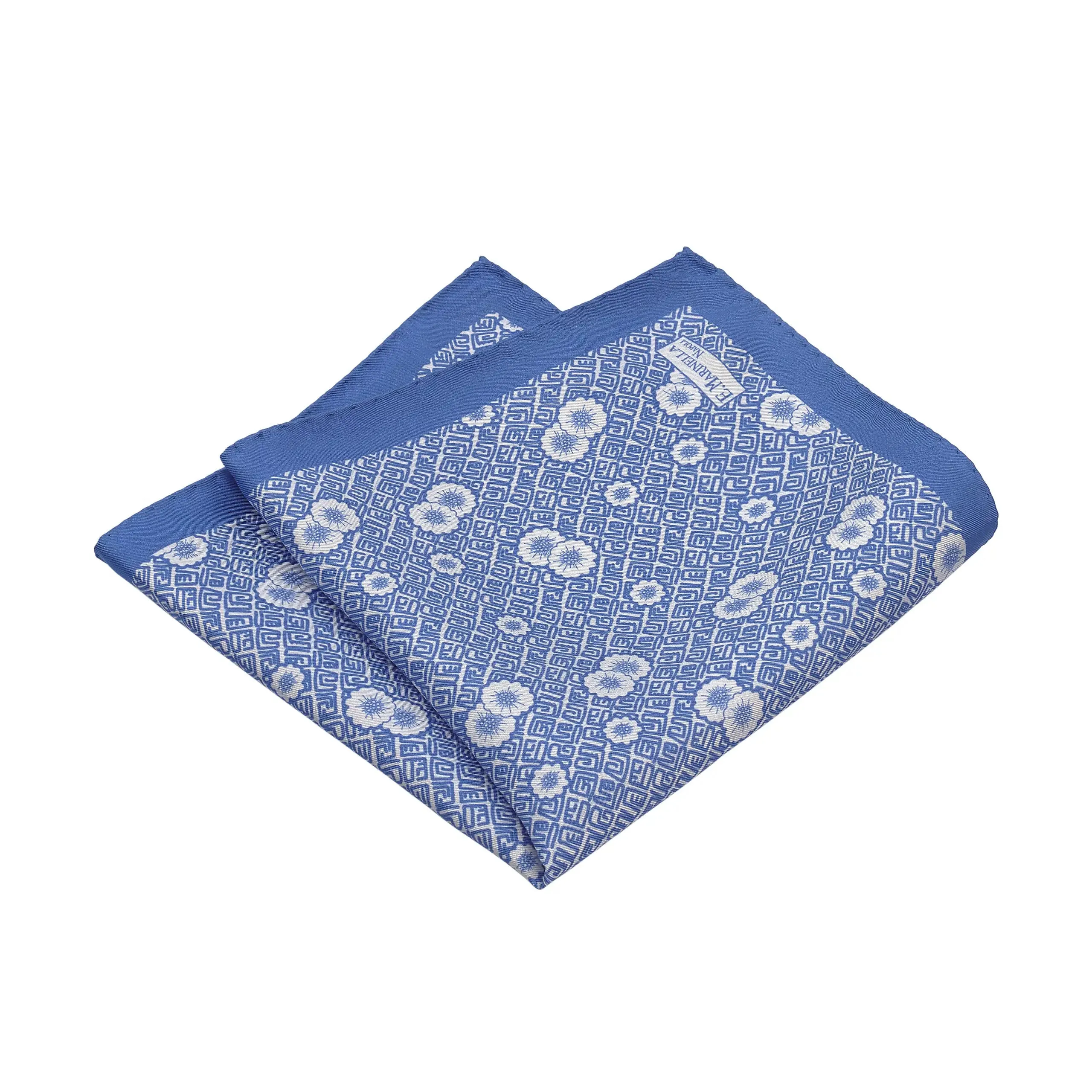  E. Marinella Printed Silk Pocket Square in Blue and White