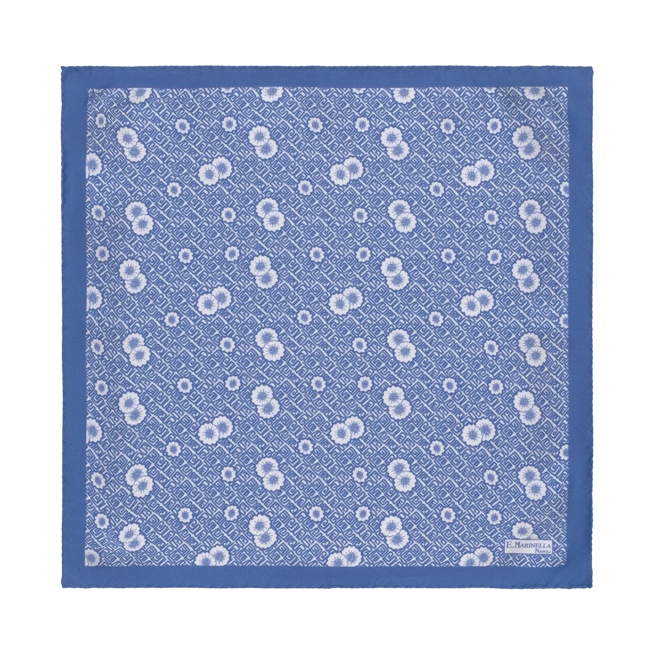  E. Marinella Printed Silk Pocket Square in Blue and White