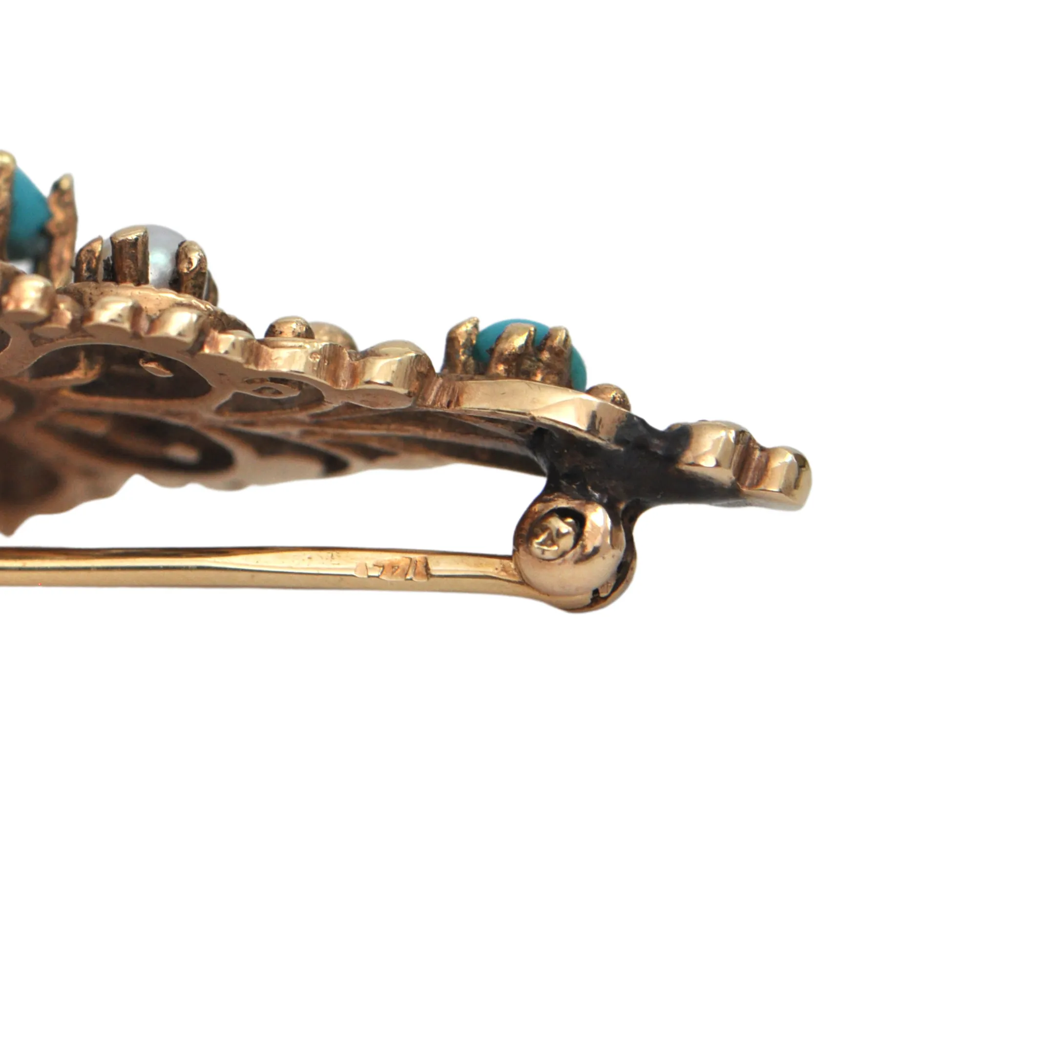 Early 1940's Turquoise & Seed Pearl Brooch in 14k Yellow Gold