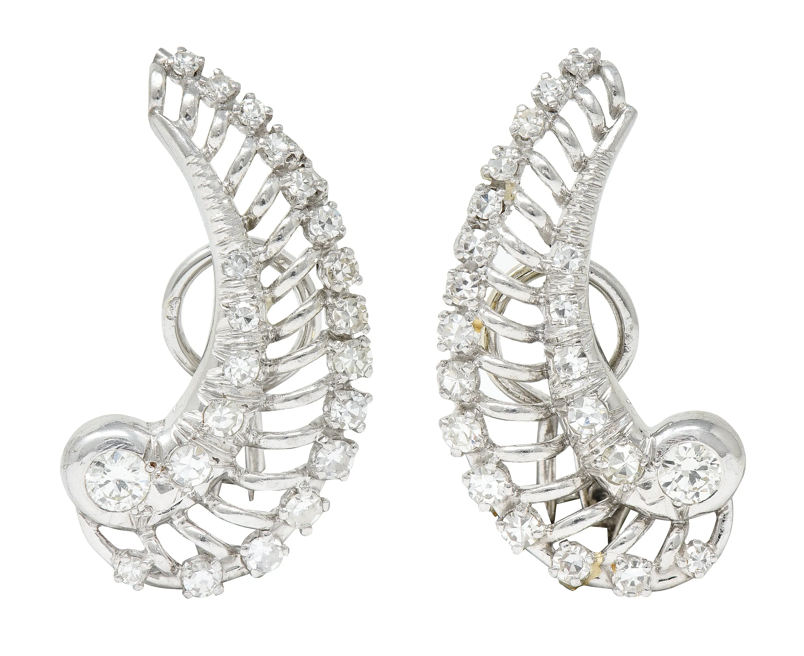 French Mid-Century 1.50 CTW Diamond Platinum Ear-Crawler Earrings