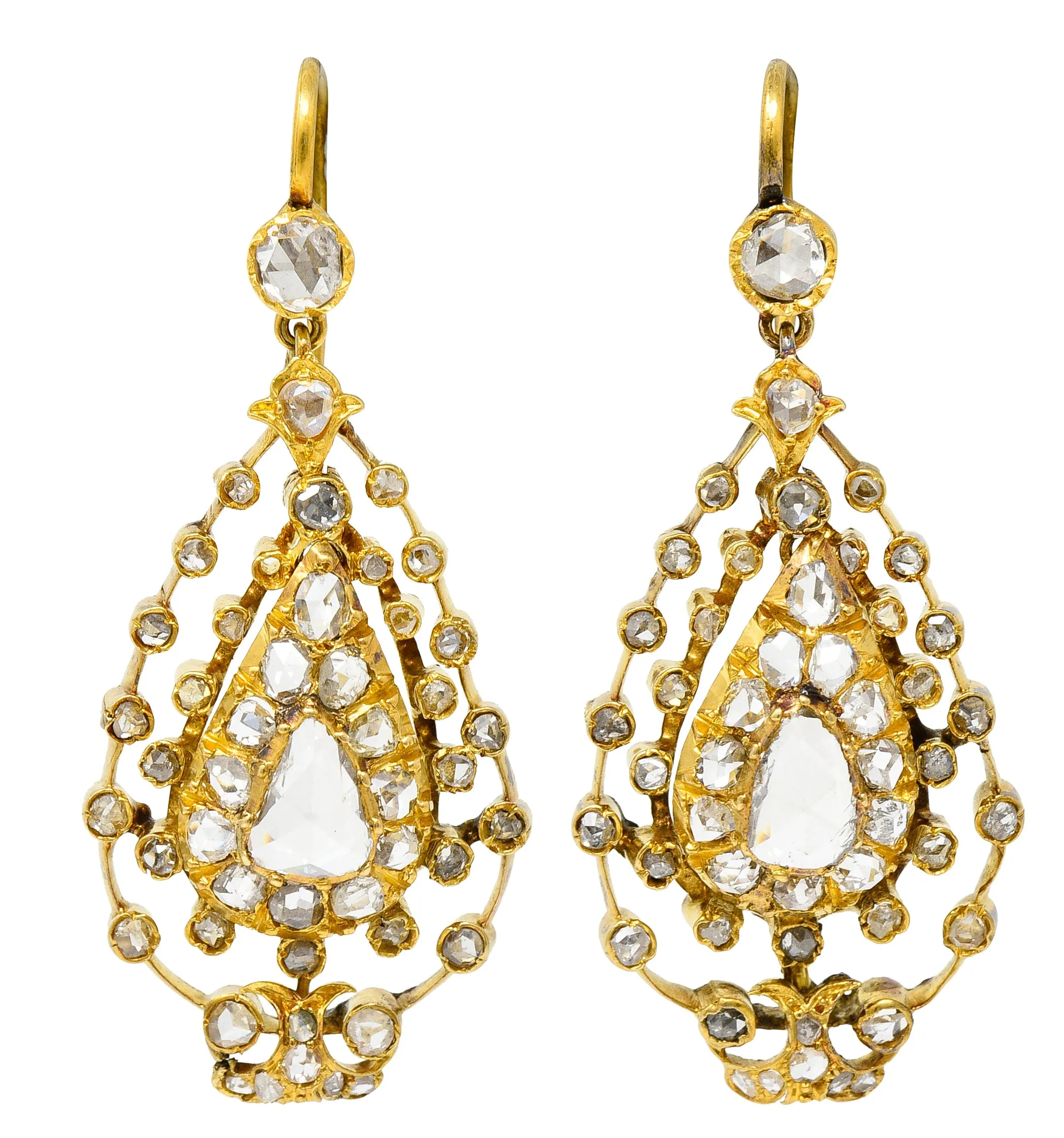 Georgian 1.50 CTW Rose Cut Diamond 18 Karat Yellow Gold Drop Earrings