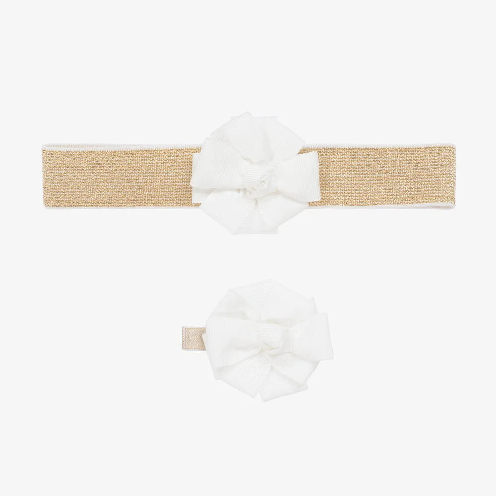 Girls Ivory & Gold Headband & Hair Clip