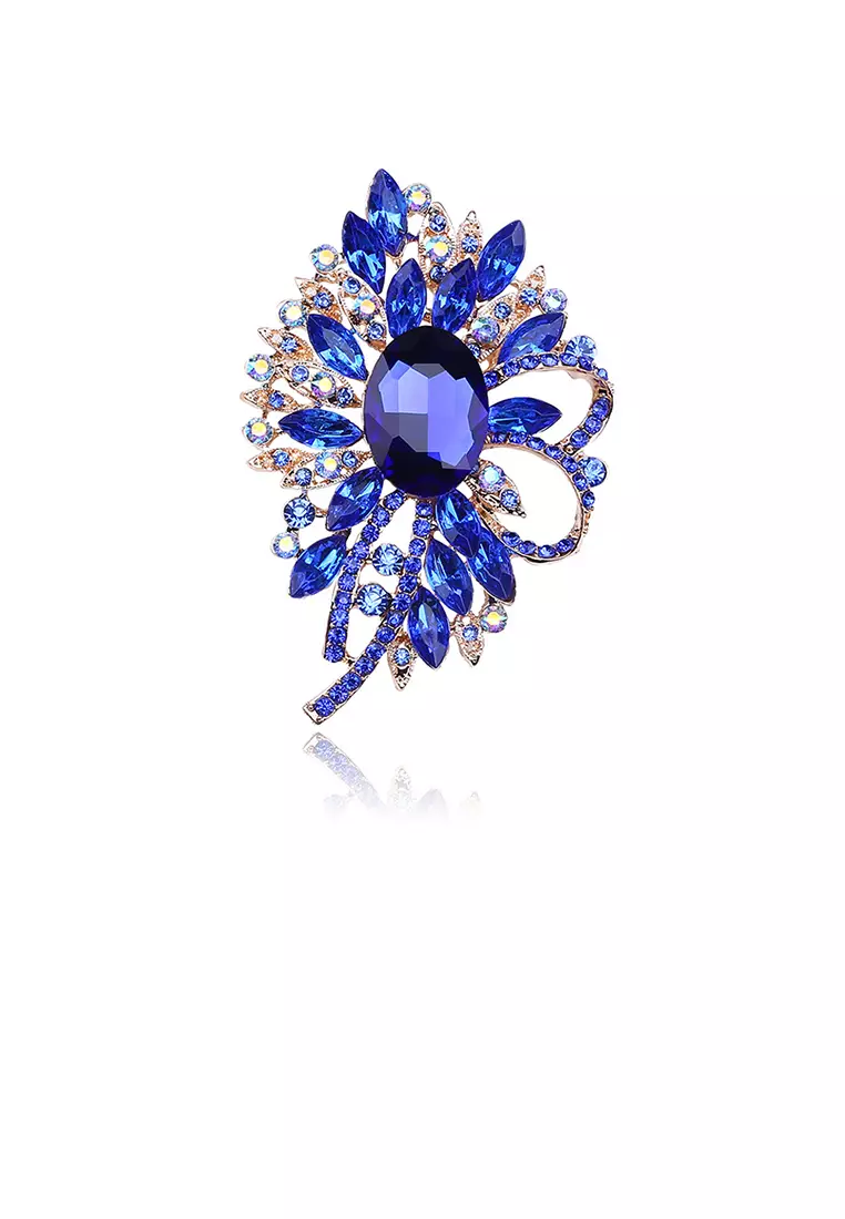 Glamorousky Elegant and Bright Plated Gold Geometric Flower Brooch with Blue Cubic Zirconia