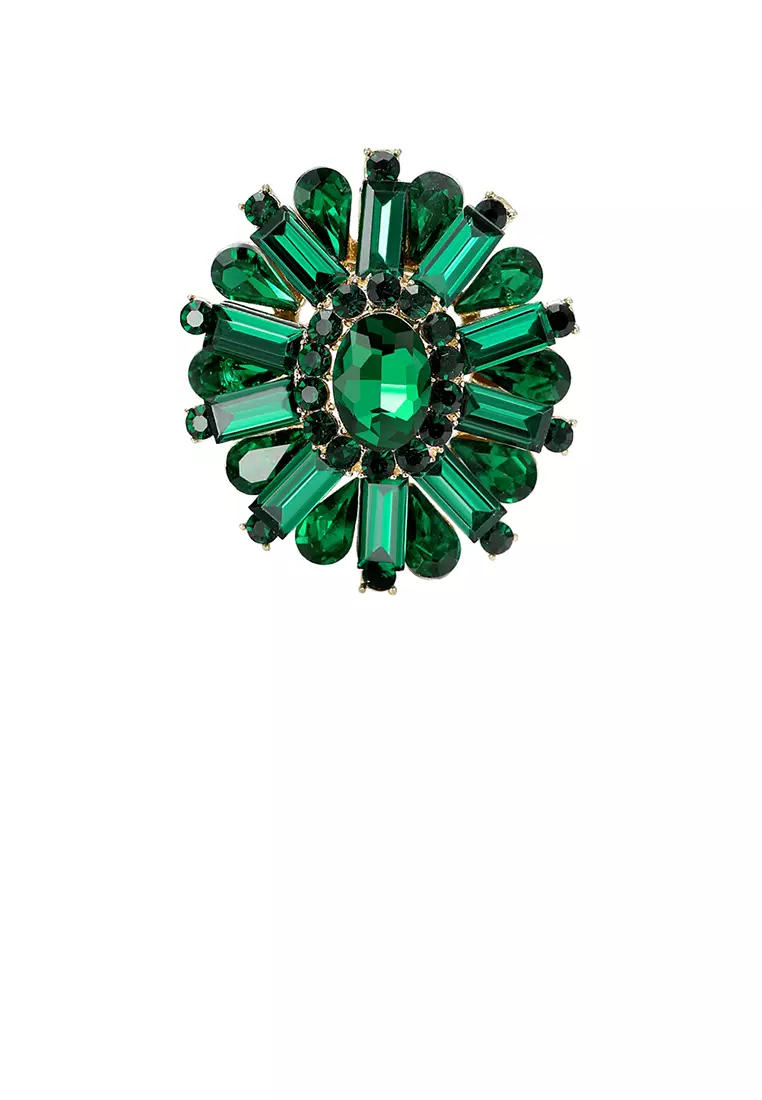 Glamorousky Fashion and Elegant Plated Gold Flower Brooch with Green Cubic Zirconia