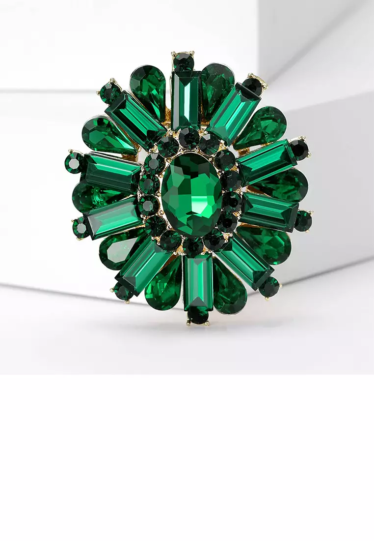 Glamorousky Fashion and Elegant Plated Gold Flower Brooch with Green Cubic Zirconia