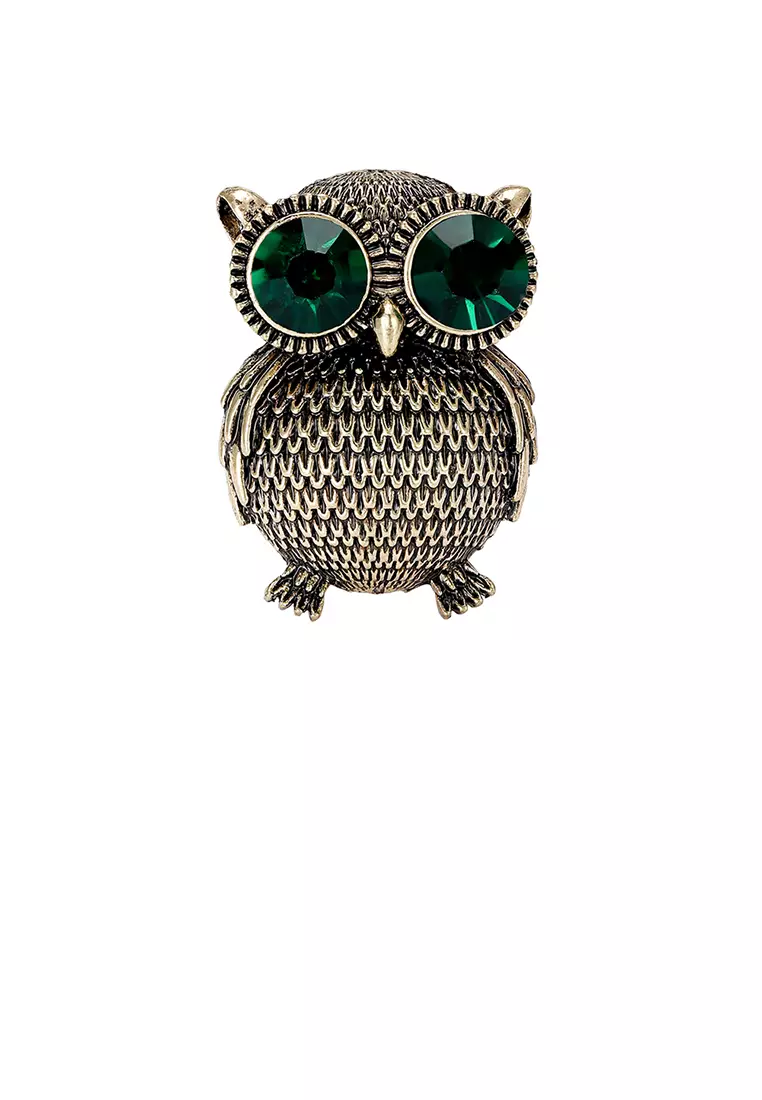 Glamorousky Fashion Vintage Plated Gold Owl Brooch with Green Cubic Zirconia