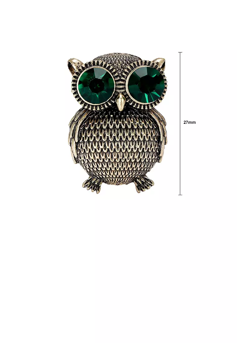 Glamorousky Fashion Vintage Plated Gold Owl Brooch with Green Cubic Zirconia