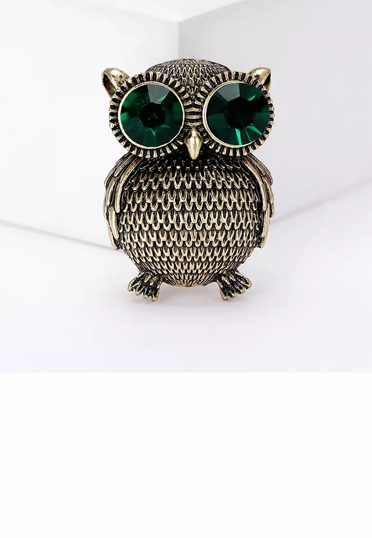 Glamorousky Fashion Vintage Plated Gold Owl Brooch with Green Cubic Zirconia