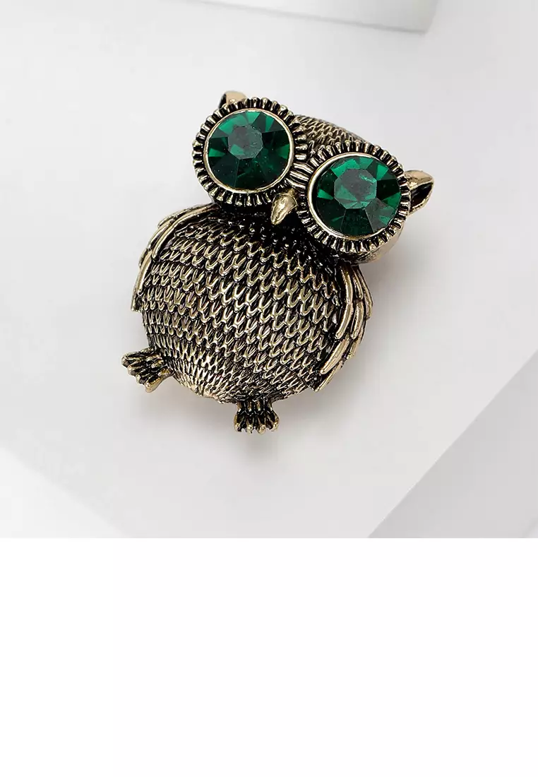 Glamorousky Fashion Vintage Plated Gold Owl Brooch with Green Cubic Zirconia