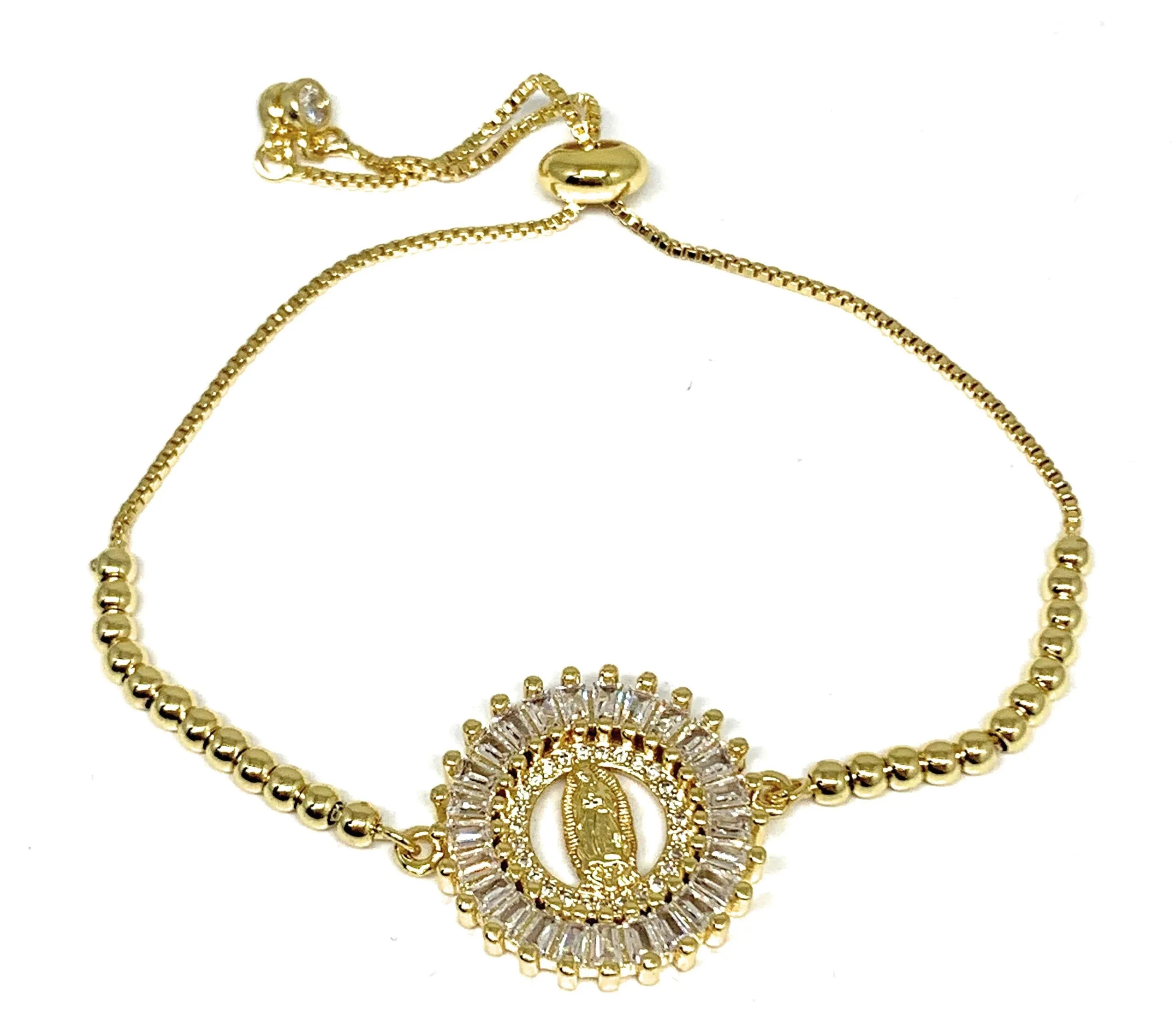 Gold Plated Virgin Mary Yellow CZ Bracelet Virgen De Guadalupe Pulsera 8 Adjustable