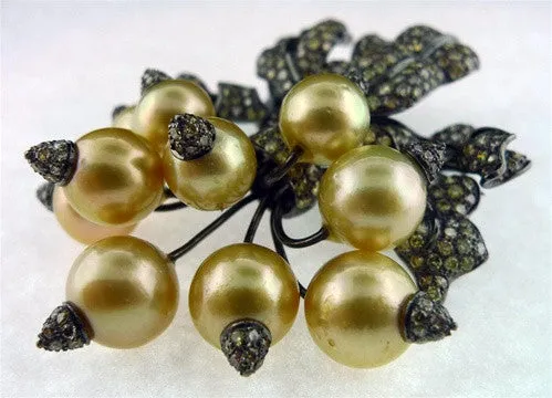 Golden South Sea Pearl Radishes Brooch with Champagne Diamonds in 18K Rhodium Blackened Gold