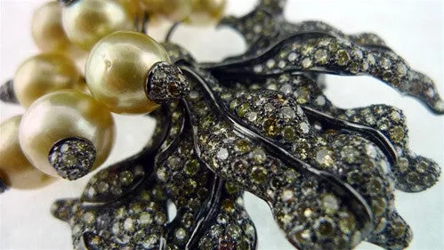 Golden South Sea Pearl Radishes Brooch with Champagne Diamonds in 18K Rhodium Blackened Gold