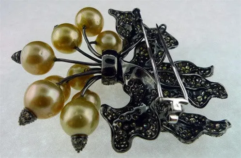 Golden South Sea Pearl Radishes Brooch with Champagne Diamonds in 18K Rhodium Blackened Gold