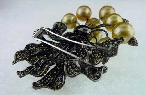 Golden South Sea Pearl Radishes Brooch with Champagne Diamonds in 18K Rhodium Blackened Gold