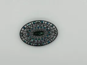 Green and Blue Rhinestone Edwardian Style Brooch in Blackened Frame