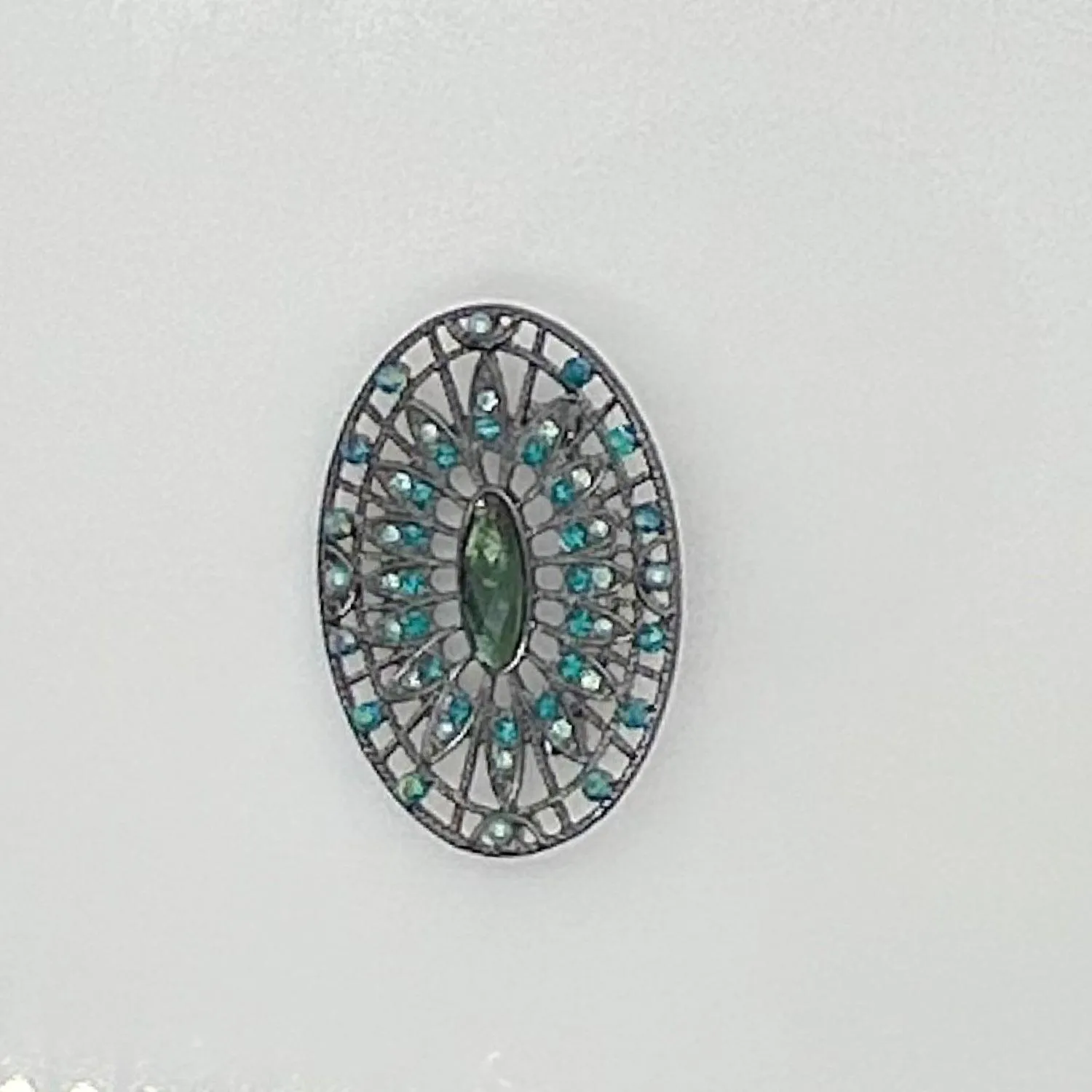 Green and Blue Rhinestone Edwardian Style Brooch in Blackened Frame