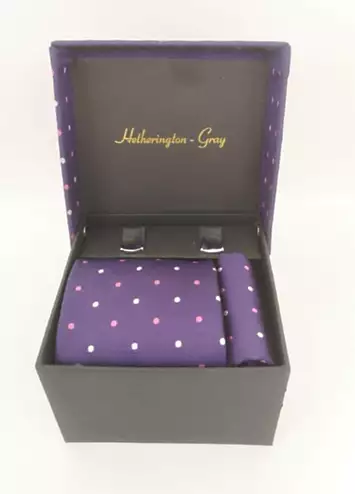 Hetherington Gray Purple with White & Pink Spot Tie, Pocket Square & Cufflink Set | Grattan