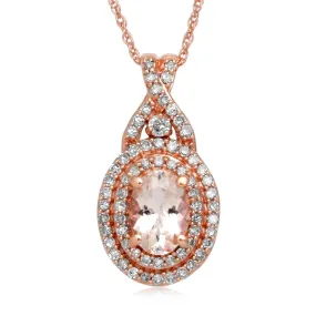 Jewelili 10K Rose Gold With Oval Shape Morganite and Round White Diamonds 1/4 CTTW Halo Pendant Necklace, 18 Rope Chain