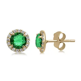 Jewelili 10K Yellow Gold Round Created Emerald and Created White Sapphire Stud Earrings