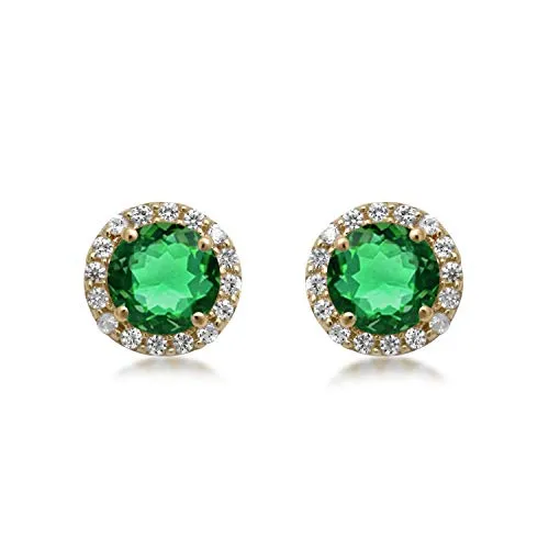 Jewelili 10K Yellow Gold Round Created Emerald and Created White Sapphire Stud Earrings