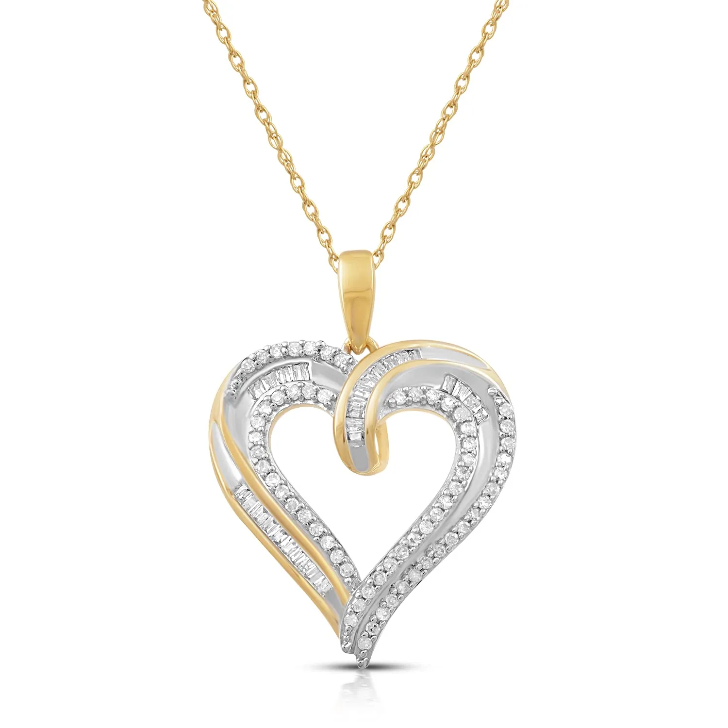 Jewelili 10K Yellow Gold With 1/4 CTTW Diamonds Heart Shape Pendant Necklace