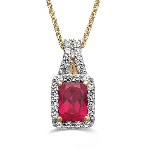 Jewelili 14K Yellow Gold With Octagon Ruby and Round Created White Sapphire Halo Pendant Necklace With 18 Rope Chain