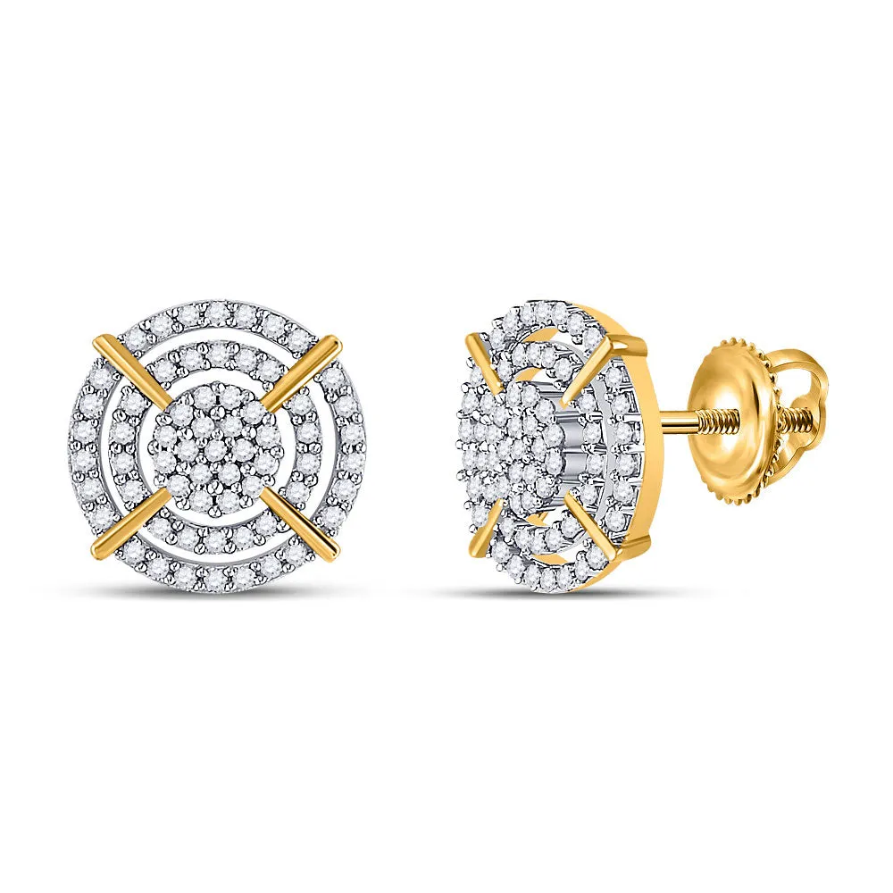 Keene Jewelers 10kt Yellow Gold Mens Round Diamond Circle Cluster Earrings 3/8 Cttw