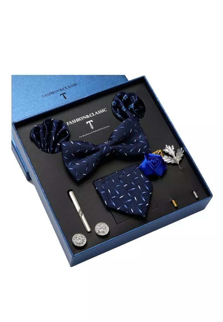 Kings Collection Bow Tie, Pocket Square, Brooch, Tie Clip 8 Pieces Gift Set (KCBT2148)