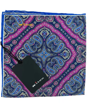 Kiton Silk Pocket Square Dark Blue  Purple Blue Paisley Medallions