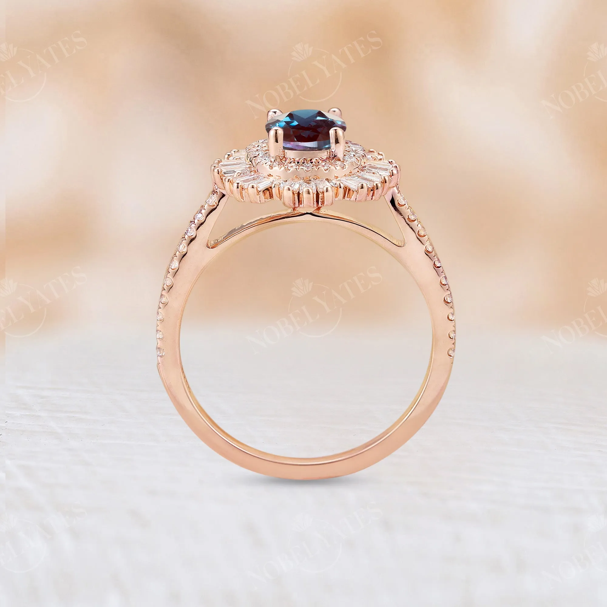 Lab Alexandrite Oval Shape Art Deco Engagement Ring Halo