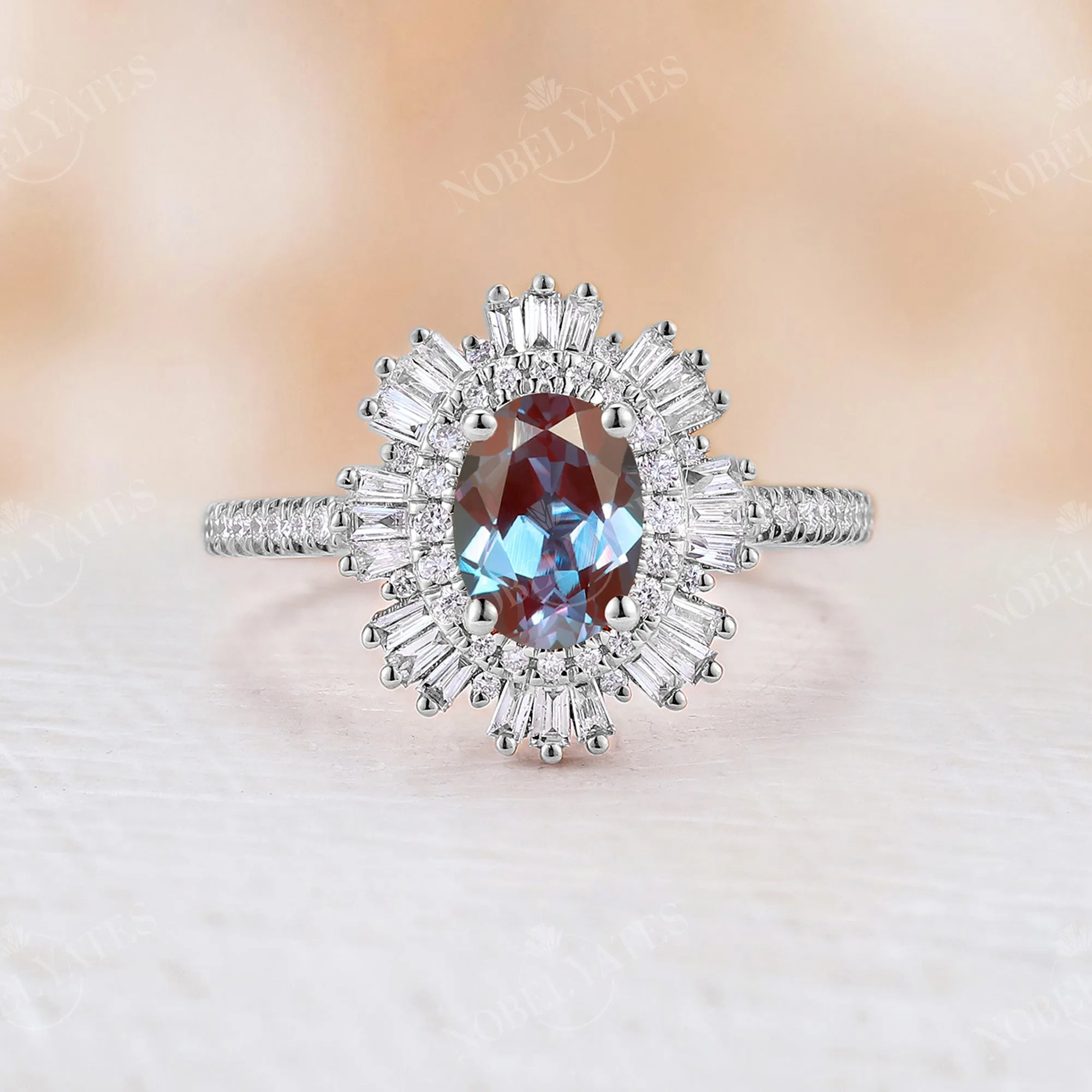 Lab Alexandrite Oval Shape Art Deco Engagement Ring Halo