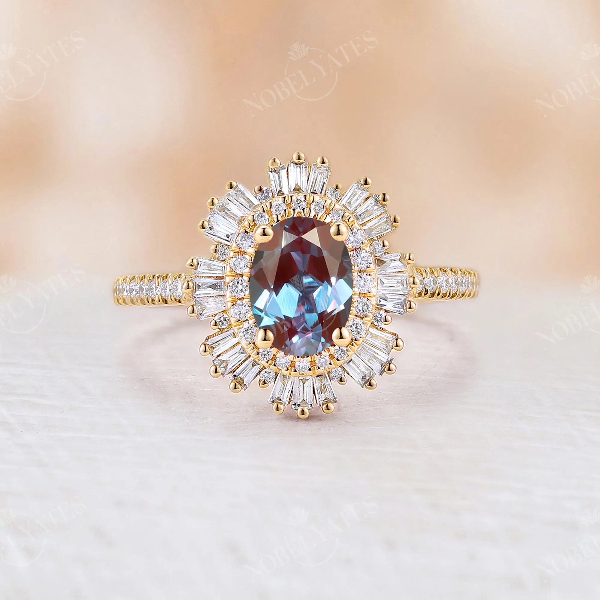 Lab Alexandrite Oval Shape Art Deco Engagement Ring Halo