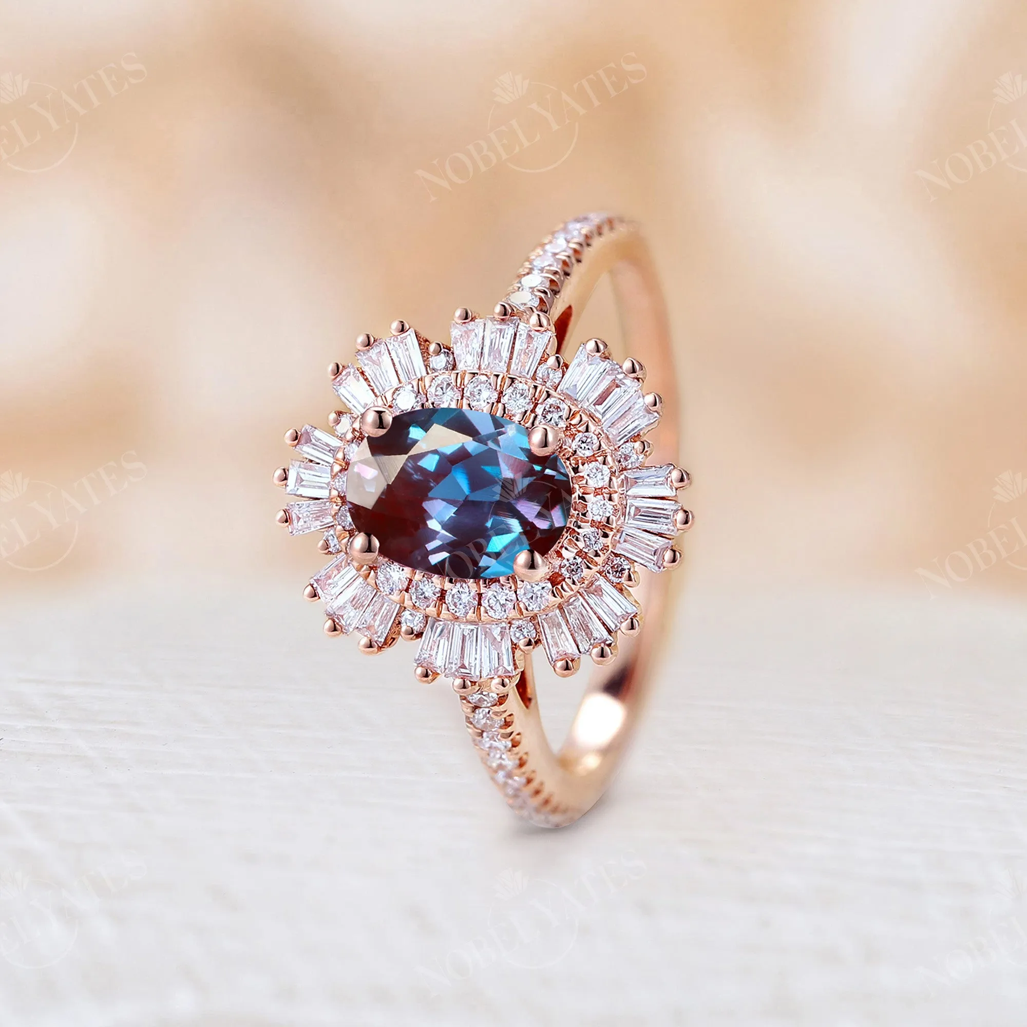 Lab Alexandrite Oval Shape Art Deco Engagement Ring Halo