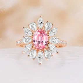 Lab Grown Padparadscha Engagement Ring Marquise & Pear Moissanite Halo