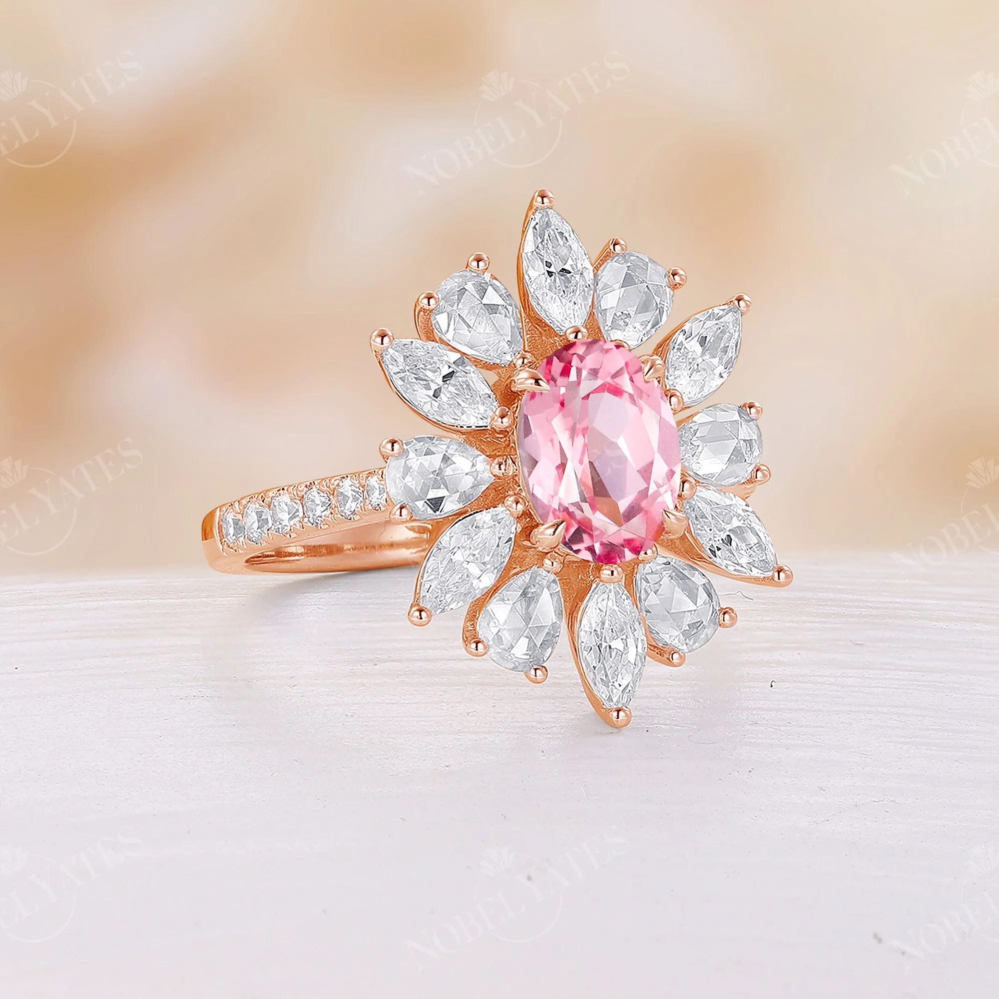 Lab Grown Padparadscha Engagement Ring Marquise & Pear Moissanite Halo