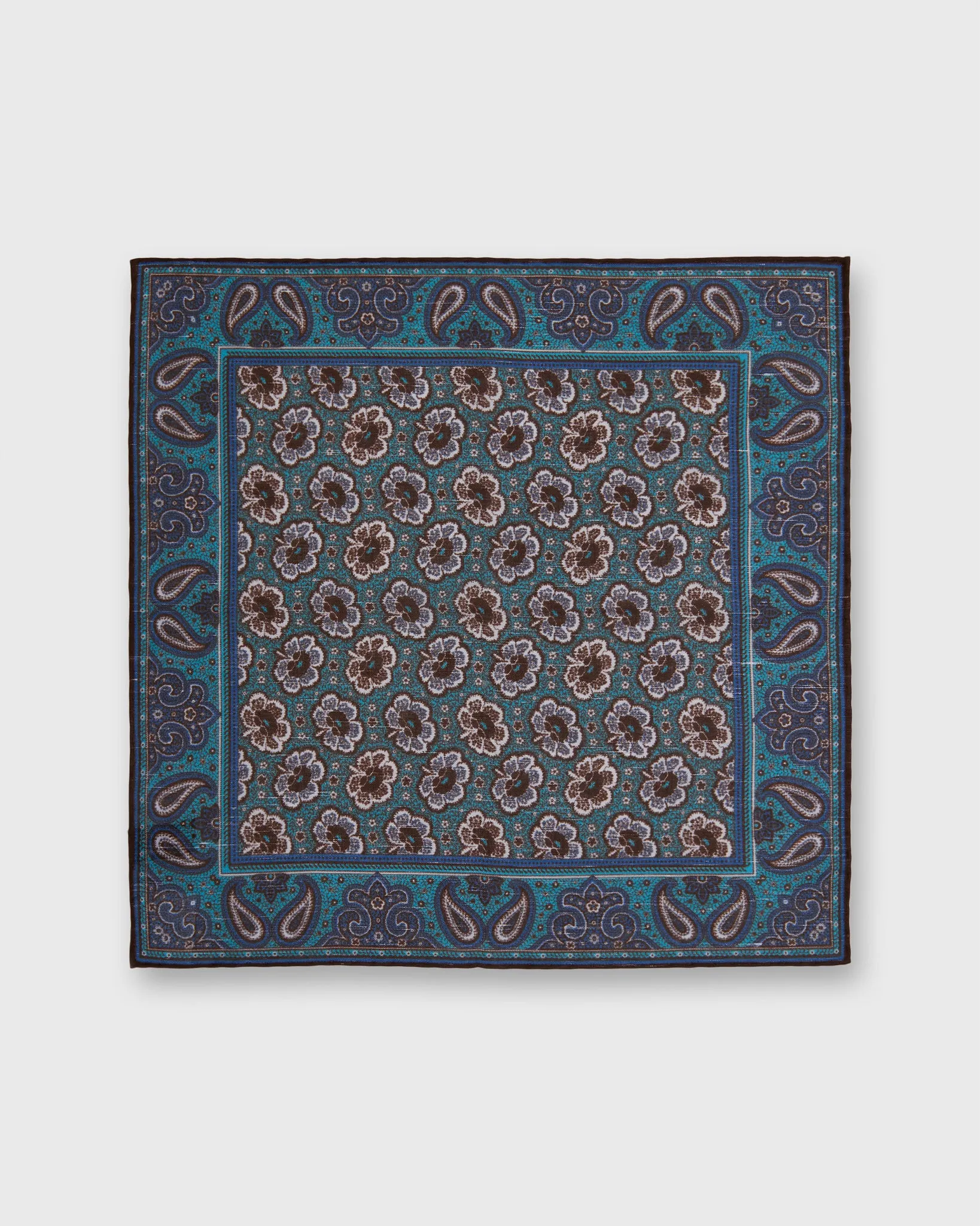 Linen/Cotton Print Pocket Square in River/Brown Paisley