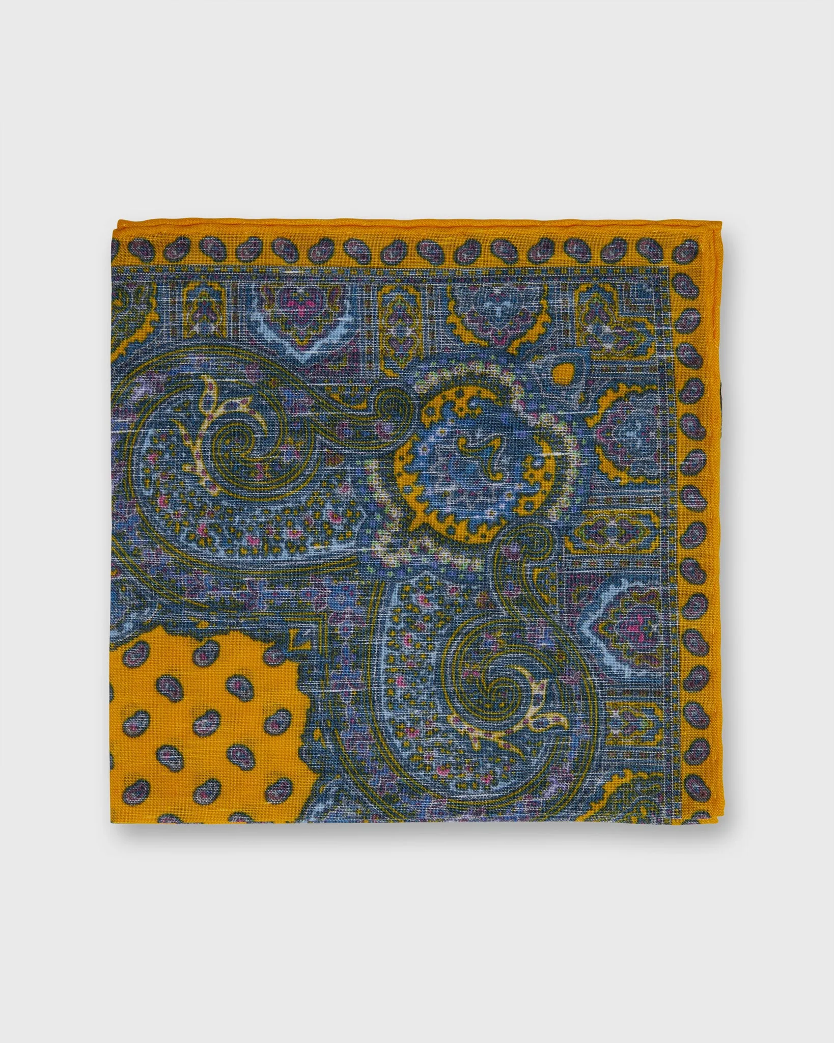 Linen/Cotton Print Pocket Square in Yellow Paisley