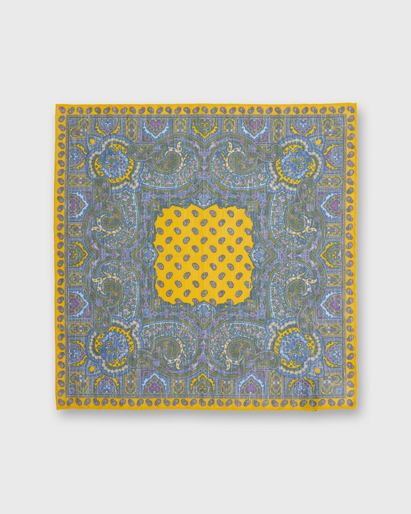 Linen/Cotton Print Pocket Square in Yellow Paisley