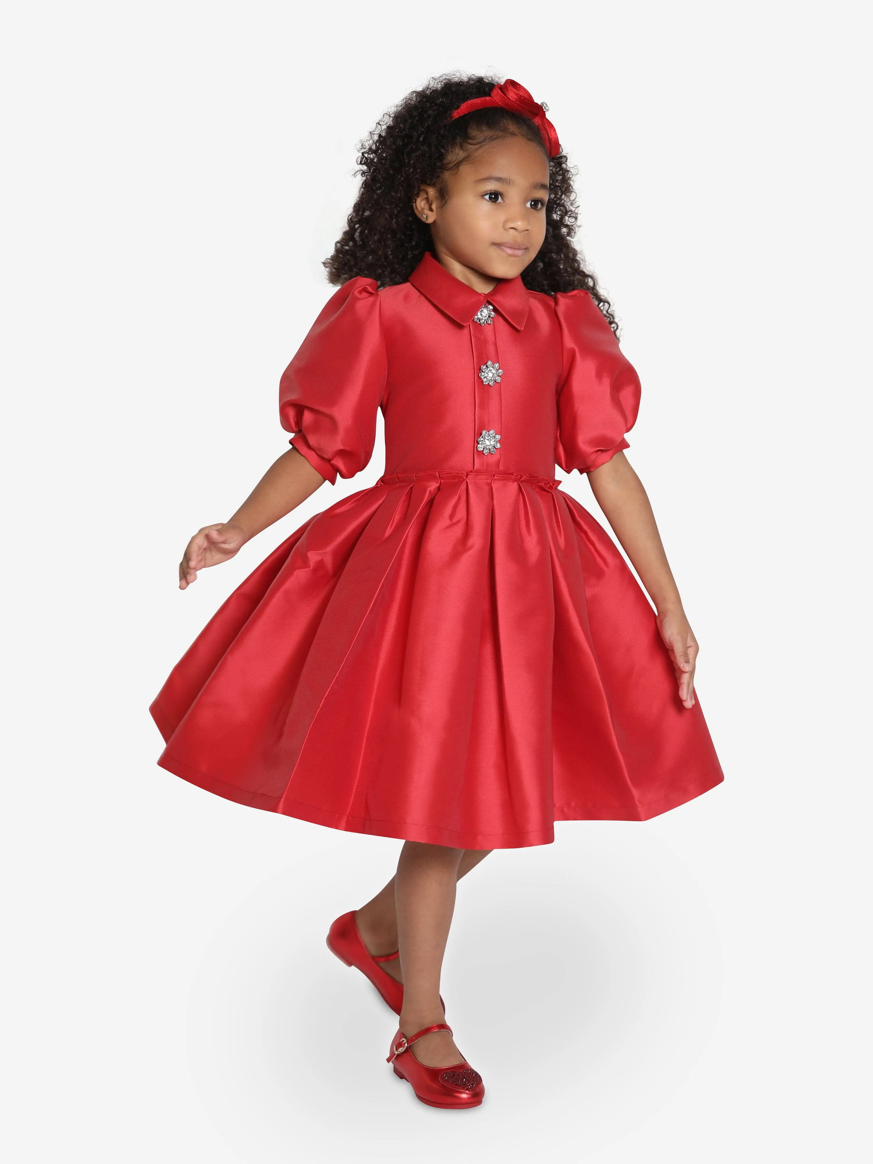 Mama Luma Girls Elegant Brooch Dress in Red