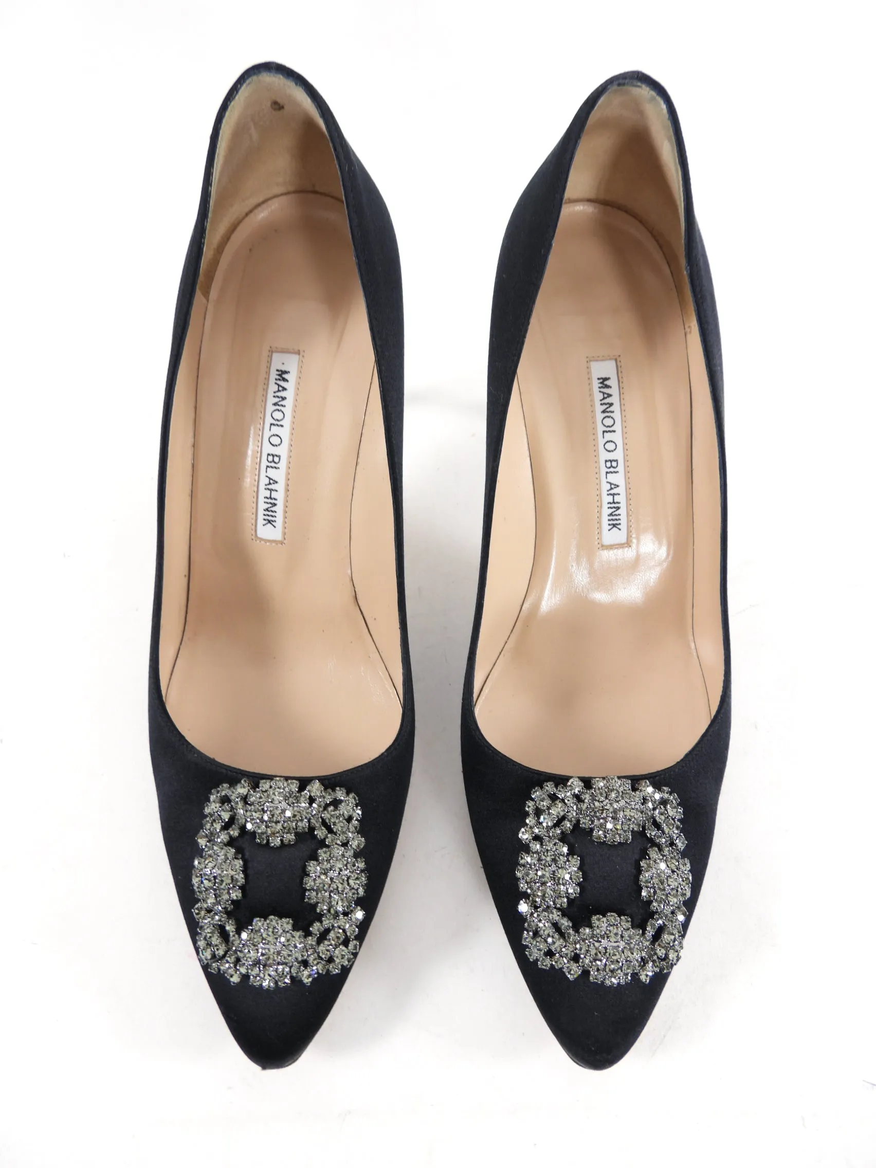 Manolo Blahnik Black Satin Hangisi 70 Crystal High Heels - 40