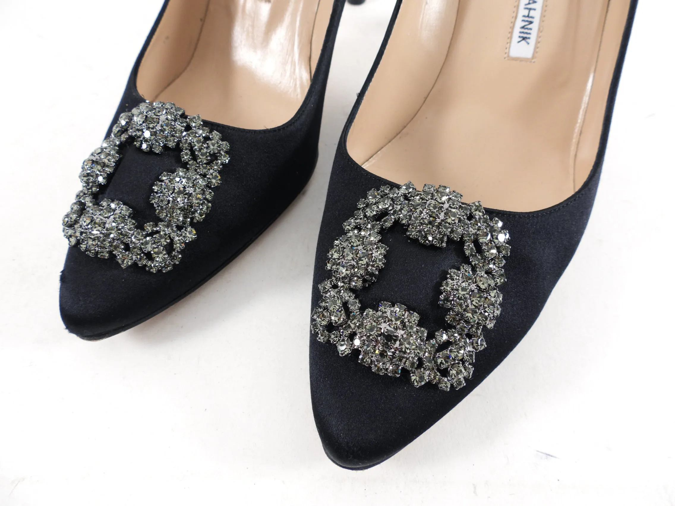 Manolo Blahnik Black Satin Hangisi 70 Crystal High Heels - 40