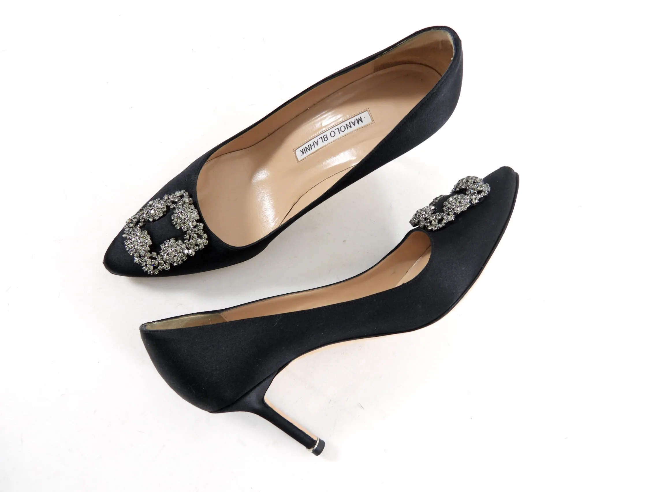 Manolo Blahnik Black Satin Hangisi 70 Crystal High Heels - 40