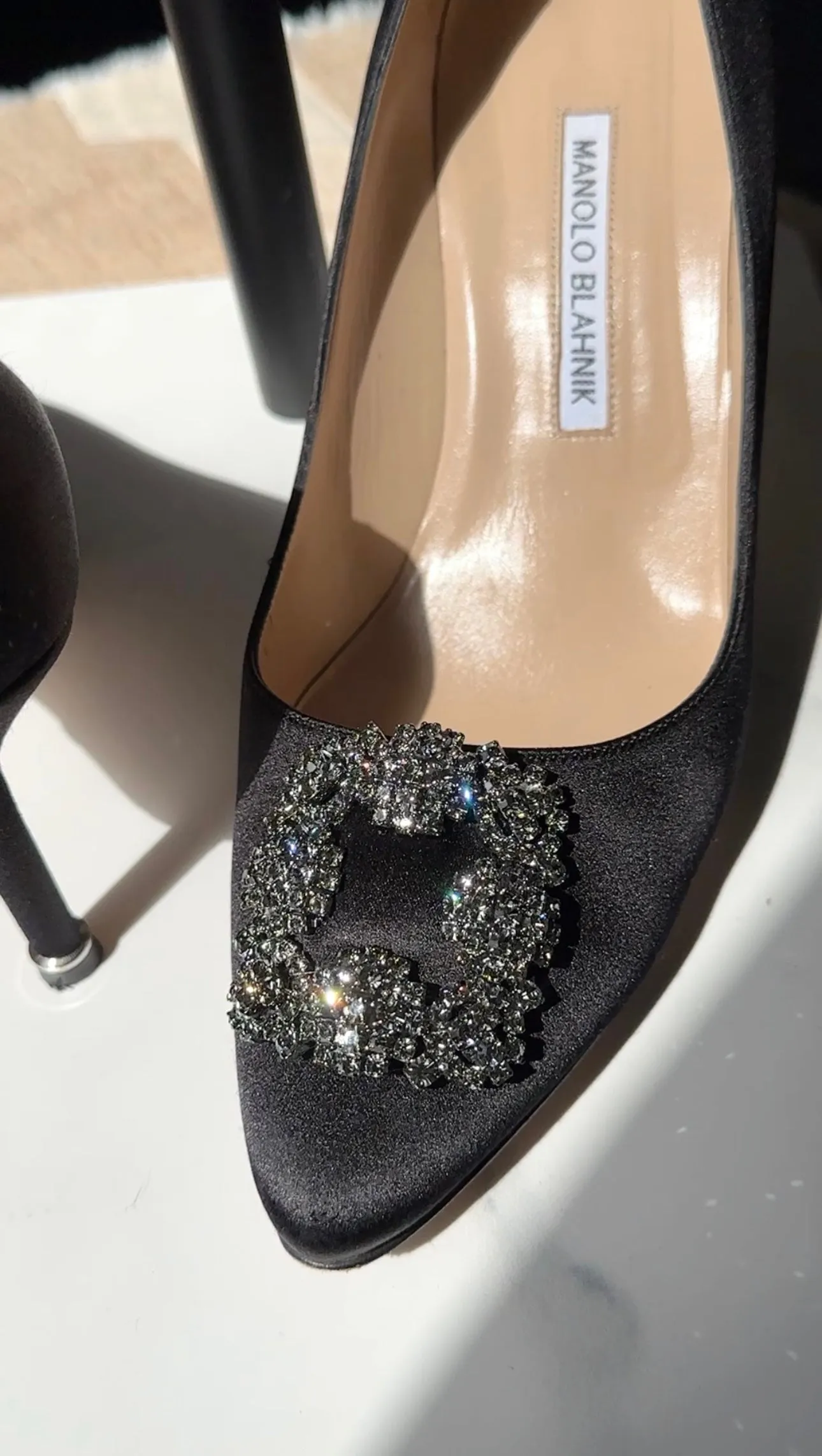 Manolo Blahnik Black Satin Hangisi 70 Crystal High Heels - 40