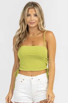 MATCHA RUCHED TIE CROP TANK