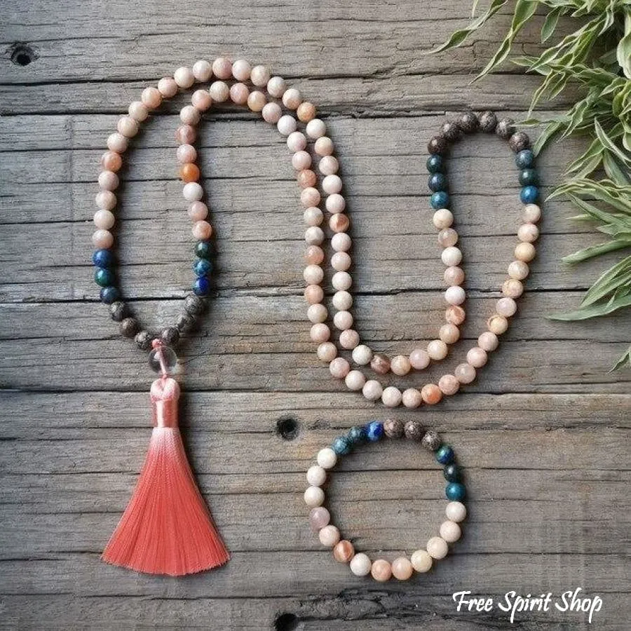 Natural Sunstone & Chrysocolla Mala Bead Necklace / Bracelet